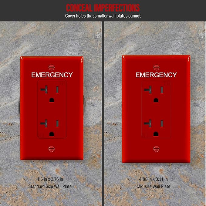 ENERLITES Decorator Light Switch or Receptacle Outlet Wall Plate with Emergency Label, Mid-Size 1-Gang 4.88" x 3.11", Unbreakable Polycarbonate Thermoplastic, UL Listed, 8831M-ER, Red
