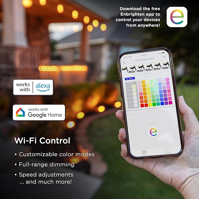 Enbrighten Landscape Lighting, 50ft, 6 Lights, Smart | Color Changing LEDs, Waterproof, Plastic Stakes, 10ft Spacing for Flexible Install, All-in-One Garden & Path Lighting Kit