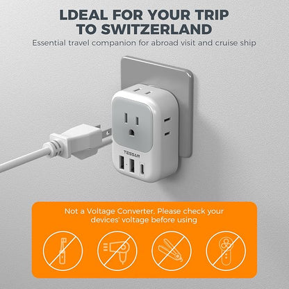 TESSAN Switzerland Travel Plug Adapter, Type J Plug, 2 Pack