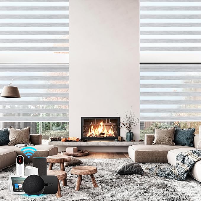 Bringnox Smart Motorized Zebra Roller Blinds - 100% Blackout, Remote Control, Works with HomeKit, Google Home & Alexa via Hub, Custom Size (100% Blackout Dark Grey-41)