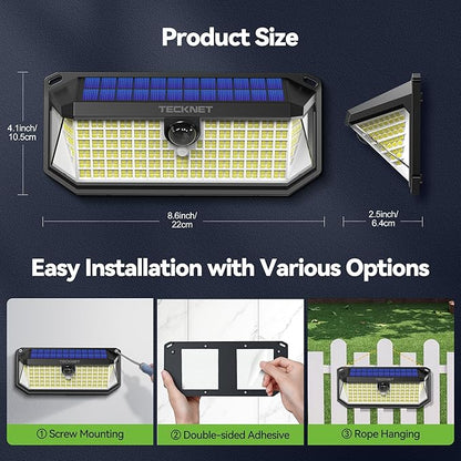 TECKNET 416 LED Solar Powered Outdoor Lights, 270° Angle & 3 Lighting Modes Motion Sensor Light Outdoor, Security Solar Lights Waterproof - 6 Pack