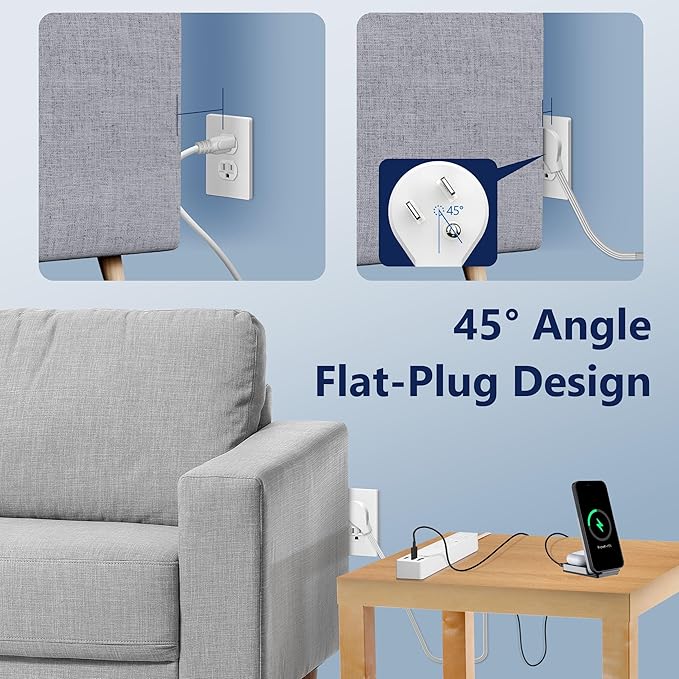 LIDER Outlet Extender with 3 Receptacles, USB Type-A, and 2 USB Type-C Port, Ultra-Thin Flat-Plug with Cord Extender, 3-Outlet Power Strip, Slim Angled Design, 5ft Cord, UL-Listed, White, 2 Pack