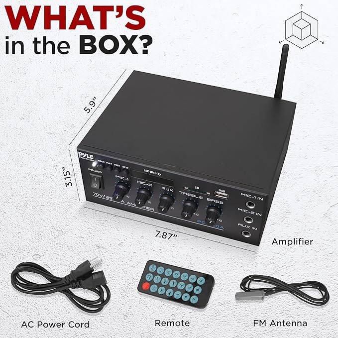 Pyle Compact Mini Home Power Amplifier - 40W Smart Small Audio Stereo Receiver w/ AUX 2 Microphone IN COM/8-Ohm/25V/70V Speakers LED Input Selector For PA Amplified Speaker Sound System - PCM20A