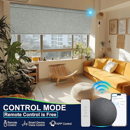 BERISSA Motorized Blinds with Remote,Blackout Smart Blinds for Windows,Linen Fabric,Remote Control,Thermal Insulated Automatic Blinds,Electric Blinds with USB/Solar Pannel.Linen Grey