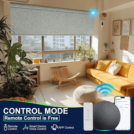 BERISSA Motorized Blinds with Remote,Blackout Smart Blinds for Windows,Linen Fabric,Remote Control,Thermal Insulated Automatic Blinds,Electric Blinds with USB/Solar Pannel.Linen Grey
