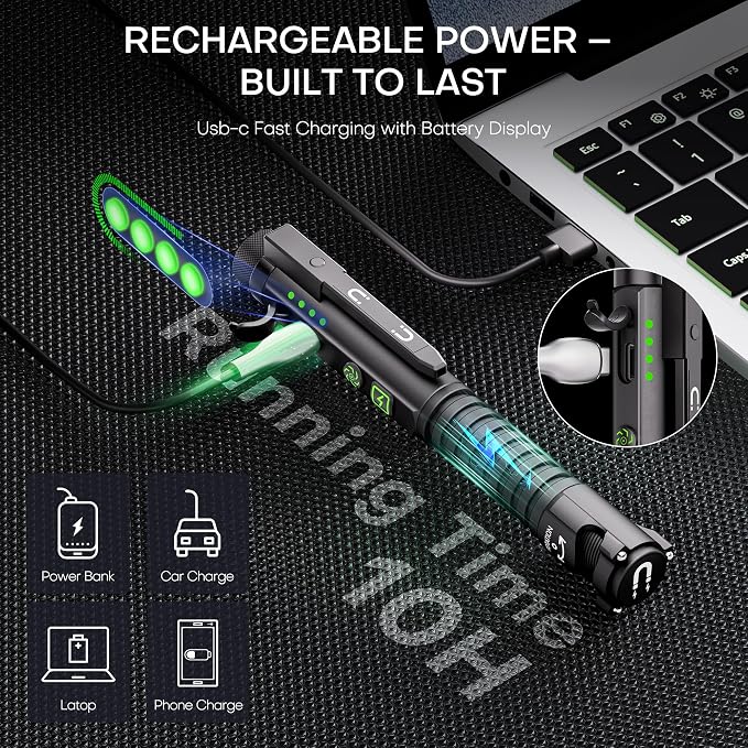 EDC Flashlight Rechargeable,800 Lumen Small Flashlight with Magnetic Clip & Base, 11 Modes LED Flashlight,Glass Breaker&Bottle Opener, USB-C Flashlight for Working,Home and Emergency