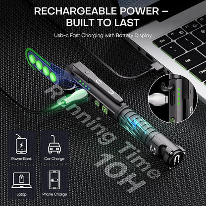 EDC Flashlight Rechargeable,800 Lumen Small Flashlight with Magnetic Clip & Base, 11 Modes LED Flashlight,Glass Breaker&Bottle Opener, USB-C Flashlight for Working,Home and Emergency
