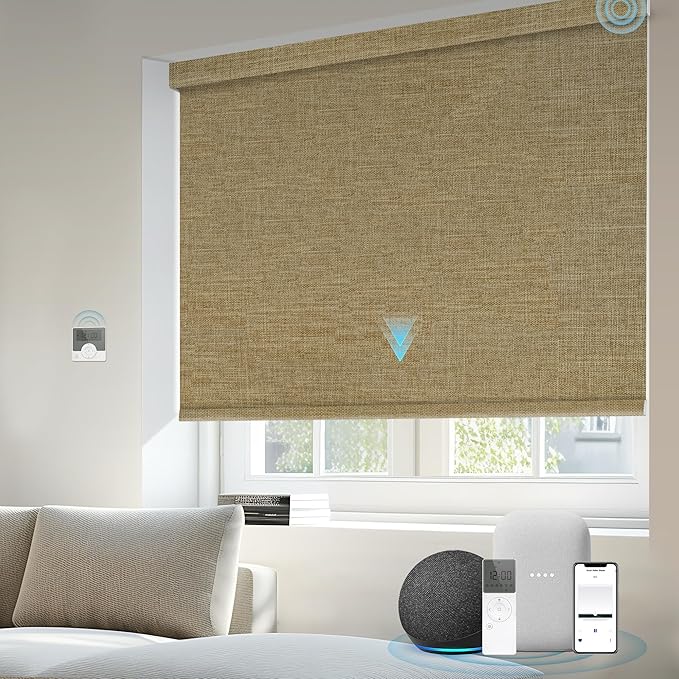Motorized Blinds Compatible with Alexa Google 100% Blackout Smart Blind Automatic Window Roller Shades Remote Control Custom Size Double-Sided Fabric Coffee