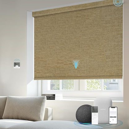Motorized Blinds Compatible with Alexa Google 100% Blackout Smart Blind Automatic Window Roller Shades Remote Control Custom Size Double-Sided Fabric Coffee
