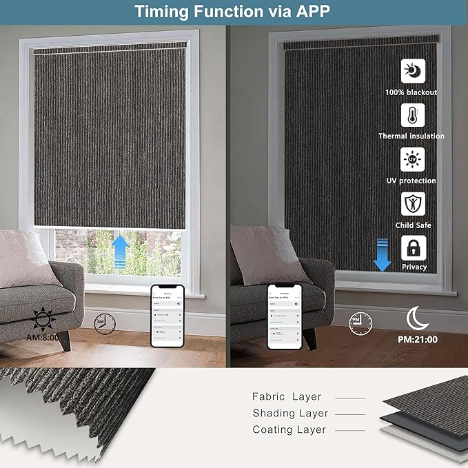 Bringnox Motorized Blinds with Remote,100% Blackout Smart Roller Blinds Compatible with Apple Homekit Google Home and Alexa Via HUB,and Customized (Grain Bronze-26)