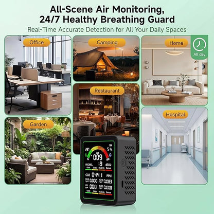 10 in 1 Indoor Air Quality Monitor, Portable Smart Air Quality Tester for CO2, CO, TVOC, HCHO, Temp, Hum, AQI, PM0.3-1, NVH, Formaldehyde Detector for Home, Car, Plants, Hotel, Pets