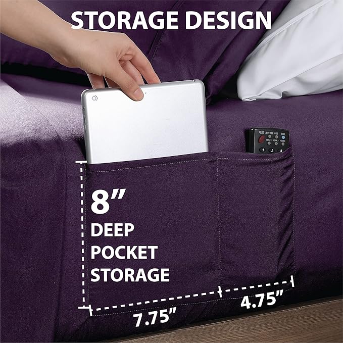 Swift Home Smart Sheets, Ultra Soft Brushed Microfiber 4-Piece Sheet Set, Fitted Bed Sheet with Side Storage Pockets – Eggplant, Queen