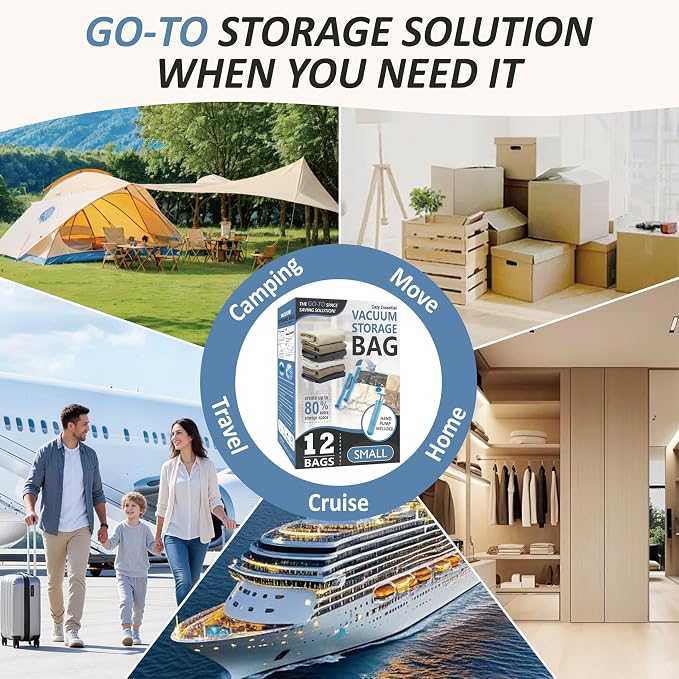 Vacuum Storage Bags with Hand Pump, Vacuum Seal Space Saver Bags,12 Small | 80% Space-Saving Bags for Clothes & Travel Essentials; Double-Zip Airtight Seal; For Luggage, Home & Travel Storage