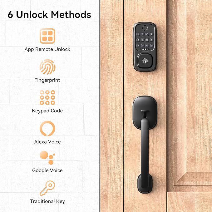 Lockzo Smart Door Lock with Handle, Keyless Entry Door Lock Deadbolt Handle Set, Built-in WiFi Deadbolt Smart Lock for Front, Fingerprint, Keypad Code, App Control, Voice Control