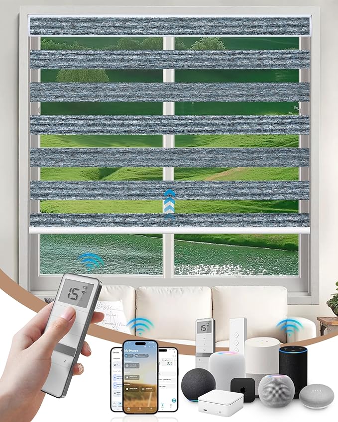 Kincmo Motorized Blinds with Remote, Motorized Zebra Shades Work with Apple Homekit,Alexa,Google Home, Customized Electric Blinds with Remote,App,Voice Control (75% Blackout Monet Blue)