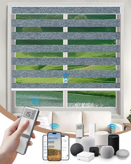Kincmo Motorized Blinds with Remote, Motorized Zebra Shades Work with Apple Homekit,Alexa,Google Home, Customized Electric Blinds with Remote,App,Voice Control (75% Blackout Monet Blue)