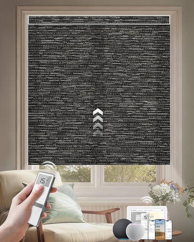 Kincmo Motorized Blinds with Remote, Light Filtering Roller Shades Work with Apple Homekit,Alexa,Google Home, Custom Electric Blinds with App,Voice Control (75% Blackout Aqua Waves Striped Brown)