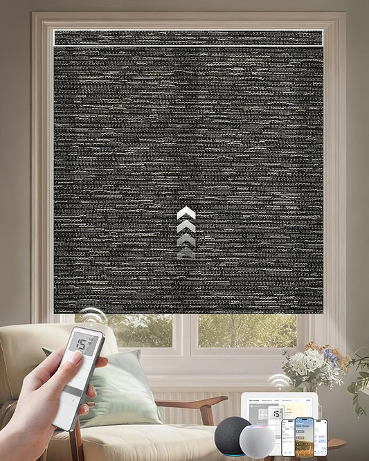 Kincmo Motorized Blinds with Remote, Light Filtering Roller Shades Work with Apple Homekit,Alexa,Google Home, Custom Electric Blinds with App,Voice Control (75% Blackout Aqua Waves Striped Brown)