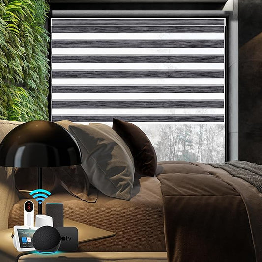 Bringnox Smart Motorized Zebra Roller Blinds - 100% Blackout, Remote Control, Works with HomeKit, Google Home & Alexa via Hub, Custom Size(100% Blackout Rock Black-42)