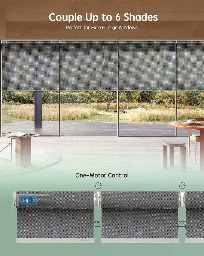 Yoolax Smart Coupled Solar Shades Compatible with Alexa, Motorized Blinds with Remote Flame Retardant Coupled Roller Shades for X-Large Windows, Custom Size (XL - 3% Openness Greyish Black)