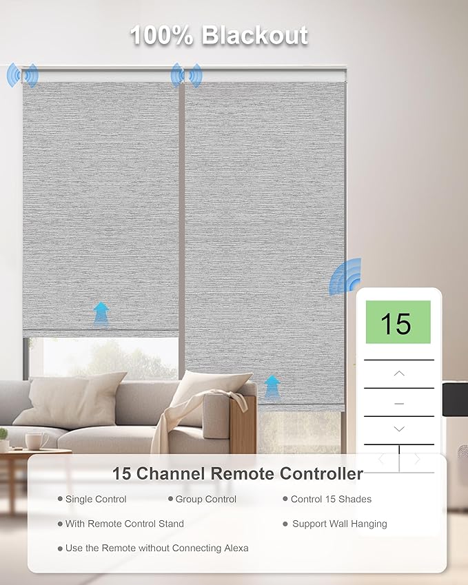 Motorized Blinds with Remote Control, Smart Blackout Automatic Blinds Work with Homekit Alexa Google Home, Rechargeable Electric Window Roller Shades with Valance, Customized Size (Texture Grey)
