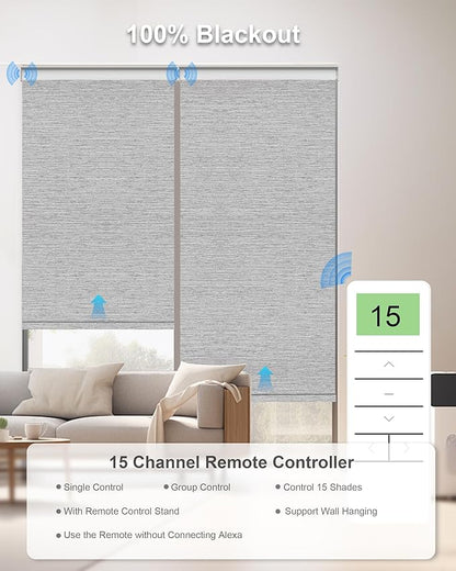 Motorized Blinds with Remote Control, Smart Blackout Automatic Blinds Work with Homekit Alexa Google Home, Rechargeable Electric Window Roller Shades with Valance, Customized Size (Texture Grey)
