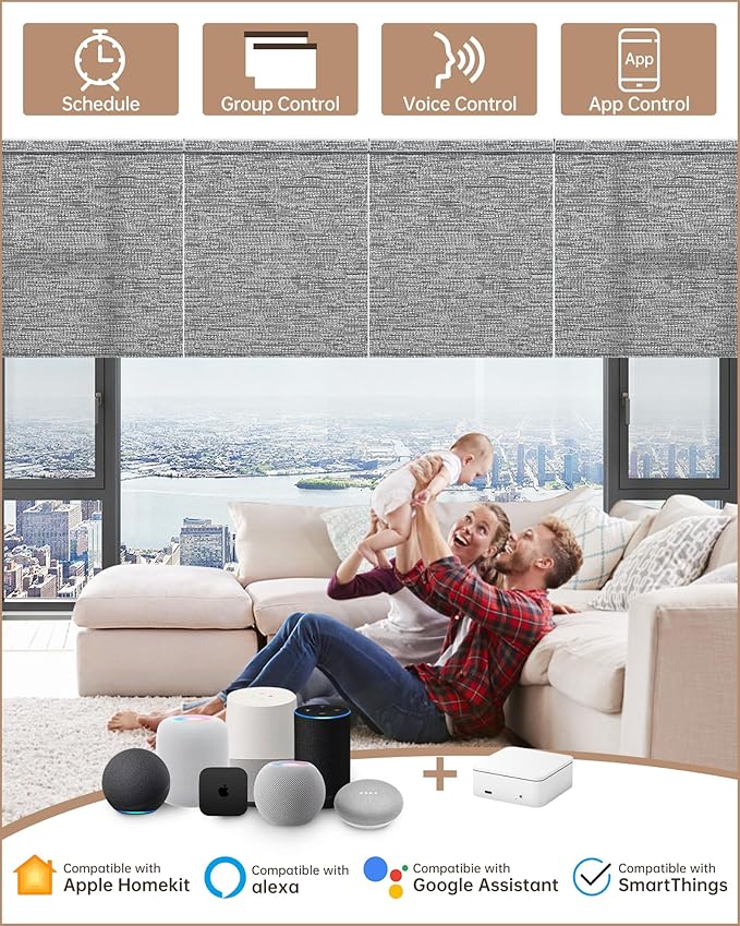 Kincmo Motorized Blinds with Remote, Light Filtering Roller Shades Work with Apple Homekit,Alexa,Google Home, Custom Electric Blinds with App,Voice Control (75% Blackout Aqua Waves Grey)