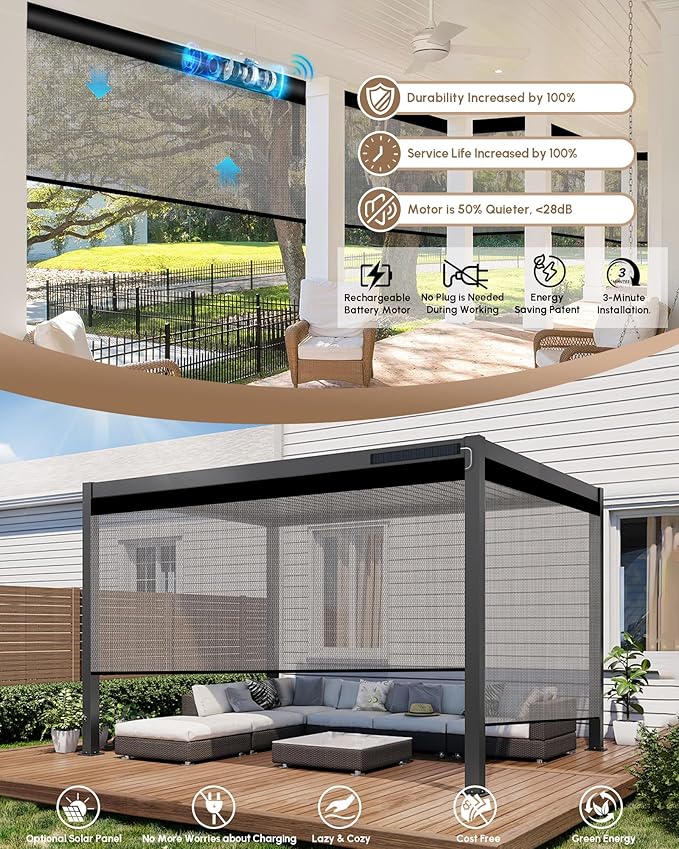 Kincmo Motorized Outdoor Shades for Patio Porch, Custom Outdoor Motorized Blinds with Remote, Waterproof & Windproof Patio Shades Work with Apple Homekit,Alexa,Google (5% Openness Texture White Grey)