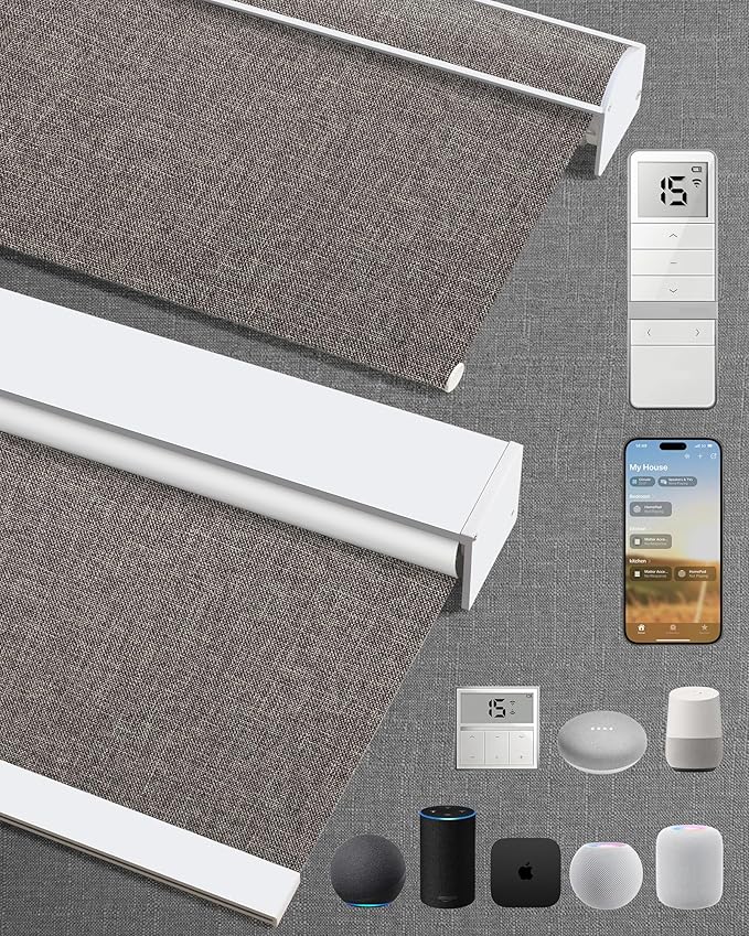 Motorized Blinds with Remote: Kincmo 100% Blackout Roller Shades Work with Apple Homekit,Alexa,Google Home, Customized Electric Blinds with App,Voice Control (100% Blackout Natural Walnut)