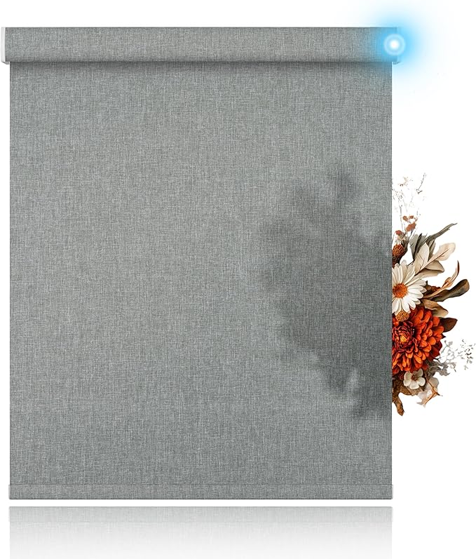 BERISSA Motorized Blinds with Remote,Light Filtering Smart Blinds for Windows,Linen Fabric,Remote Control,Thermal Insulated Automatic Blinds,Electric Blinds with USB/Solar Pannel.Linen Grey