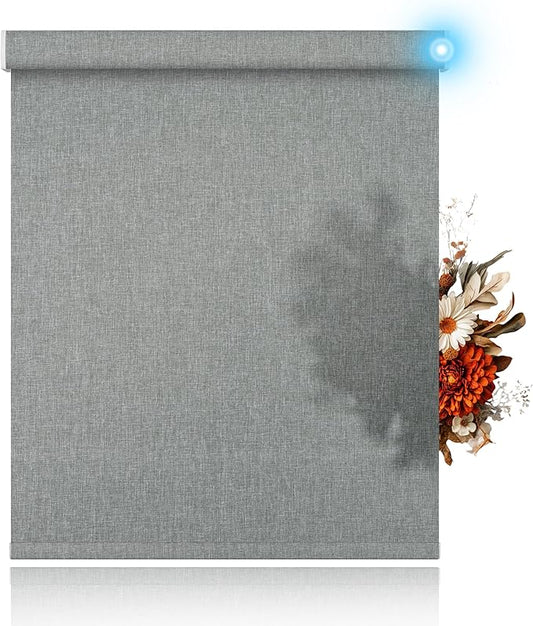 BERISSA Motorized Blinds with Remote,Light Filtering Smart Blinds for Windows,Linen Fabric,Remote Control,Thermal Insulated Automatic Blinds,Electric Blinds with USB/Solar Pannel.Linen Grey