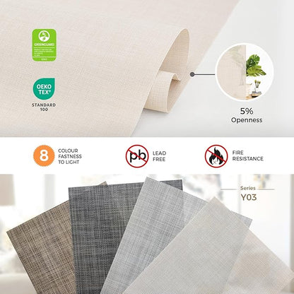 HeyBlinds Motorized Solar Shades with Remote, Light Filtering Mesh Roller Shades, Flame Retardant Smart Blinds, UV Blocking, Alexa Google HomeKit Compatible, Custom Size (Linen Grid-5% Openness)