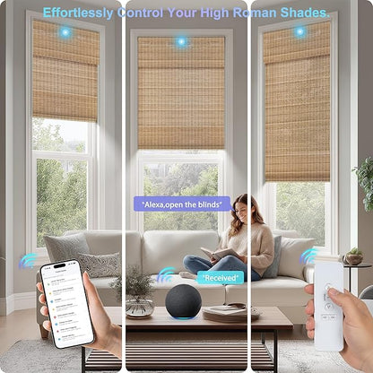 Motorized No Drill Bamboo Roman Blinds with Remote,Cordless Smart Light Filtering Bamboo Roman Shades for Indoor Windows,Alexa Google Home,APP Control,Brown28D07,35" W x 64" H