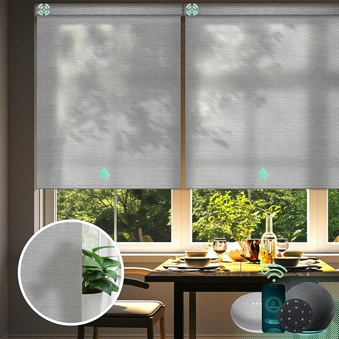 Yoolax Motorized Blinds with Remote, Room Darkening Smart Blinds Work with Alexa, Google, Automatic Roller Shades for Windows, Custom Electric Shades for Living Room Office (Shiny Grey)