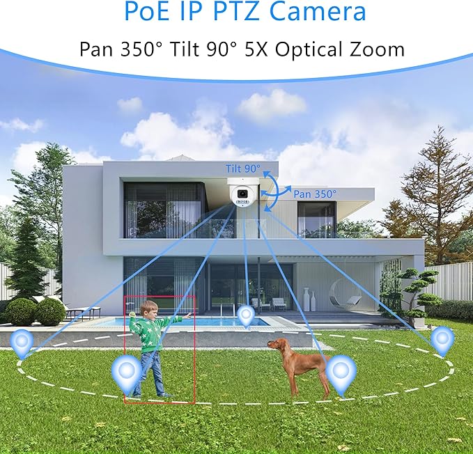 Real HD 4K 8MP Mini PTZ Dome PoE IP Camera Outdoor Pan 350° Tilt 90° 5X Optical Zoom, 130Ft Full Color Night Vision, H.265, IP67, NDAA Compliant