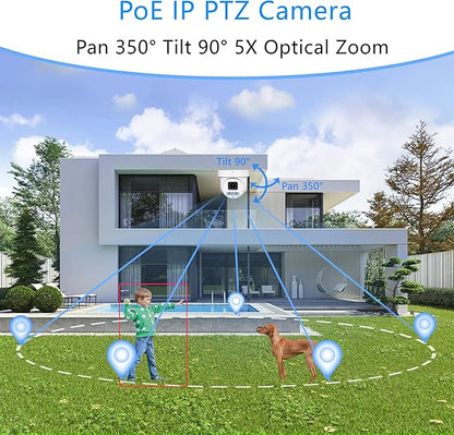 Real HD 4K 8MP Mini PTZ Dome PoE IP Camera Outdoor Pan 350° Tilt 90° 5X Optical Zoom, 130Ft Full Color Night Vision, H.265, IP67, NDAA Compliant