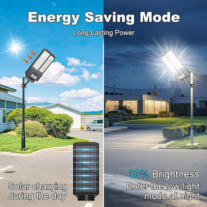 Solar Street Light with Pole, Solar Street Lights Outdoor Waterproof Dusk to Dawn 7000K LED Security Flood Light with Motion Sensor and Remote Control for Pathway, Entryway & Yard