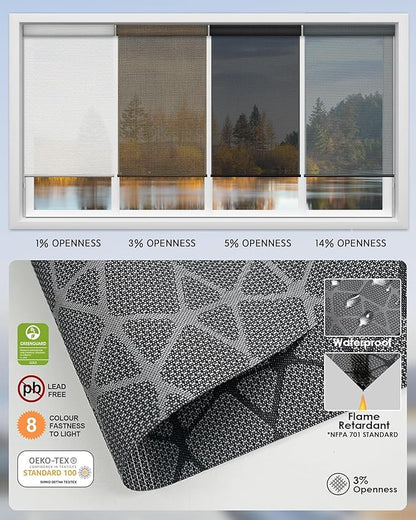 Yoolax Motorized Solar Shades Light Filtering Motorized Blinds with Remote Smart Blinds Work with Alexa, Google, Flame Retardant Roller Shades for Windows, Customized (3% Openness Geometric Black)