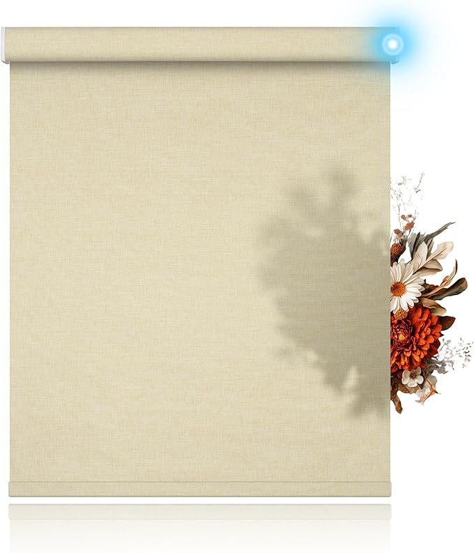 BERISSA Motorized Blinds with Remote,Light Filtering Smart Blinds for Windows,Linen Fabric,Remote Control,Thermal Insulated Automatic Blinds,Electric Blinds with USB/Solar Pannel.Linen Beige