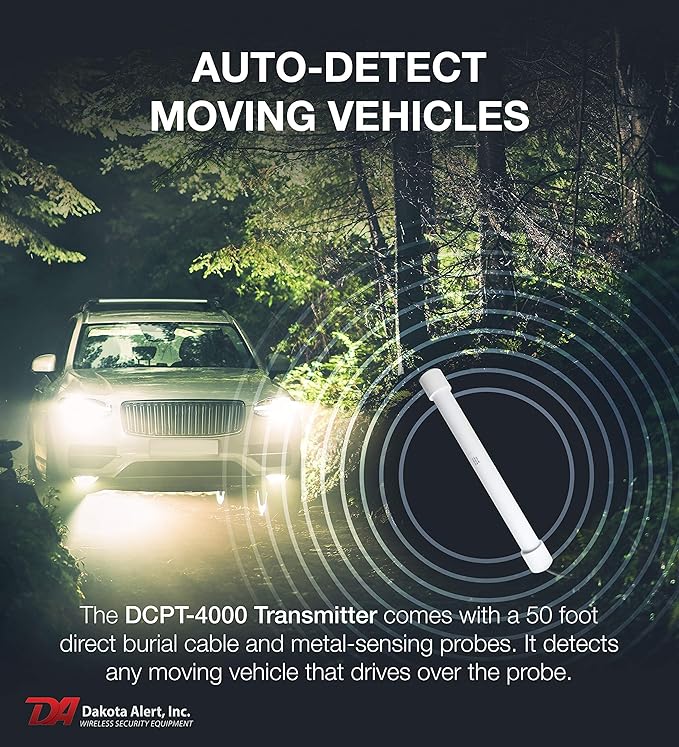 Dakota Alert Driveway Alarm Sensor - DCPT-4000 Driveway Alarms Wireless Outside Weatherproof Vehicle Sensor, 1 Mile Long Range Sensors, Vehicle Detecting Probe Transmitter & 50' Direct Burial Cable