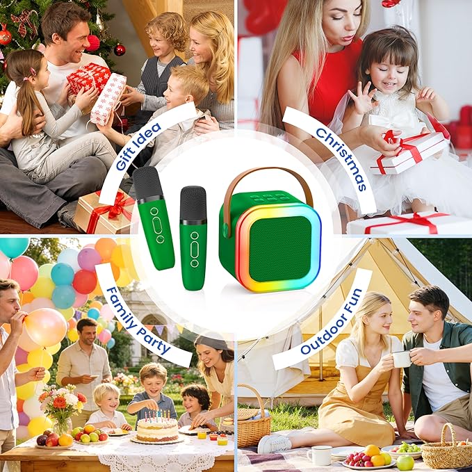 Mini Karaoke Machine for Kids Adults, 2026 TOP Birthday Gifts for Girls Boys 3,4,5,6,7,8+Year Old Toddler Toys, Portable Bluetooth Speaker with 2 Wireless Karaoke Microphones Player (Dark Green)