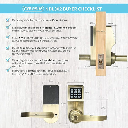 Colosus NDL302 Electronic Digital Keyless Door Lock, Keypad – Smartcode Security, Grant & Control Access for Home, Office (Gold - 4 Key Fobs)