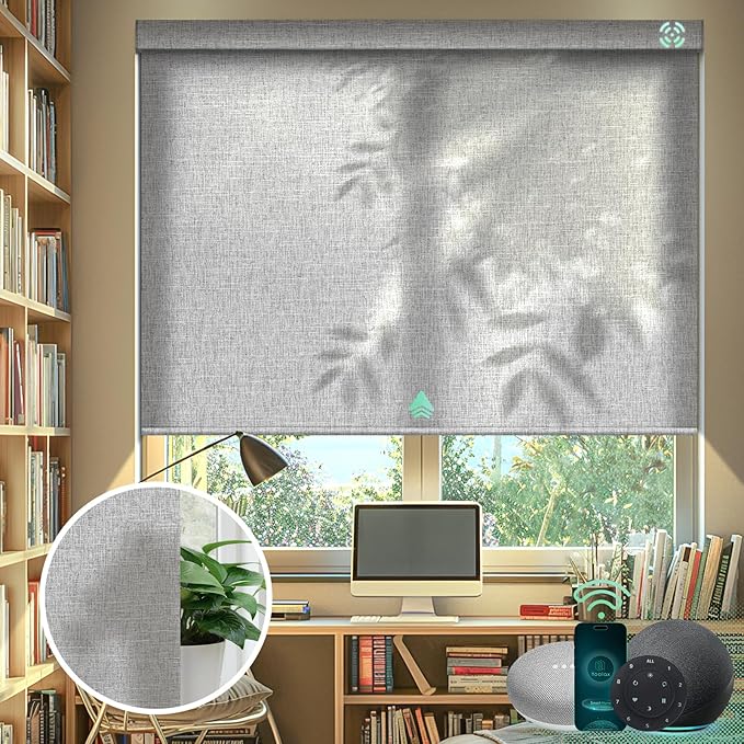 Yoolax Motorized Blinds with Remote, Light Filtering Smart Blinds Work with Alexa, Google, Automatic Roller Shades for Windows, Custom Electric Shades for Living Room Office (V-Shimmer Light Gray)