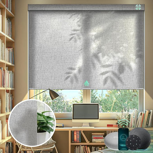 Yoolax Motorized Blinds with Remote, Light Filtering Smart Blinds Work with Alexa, Google, Automatic Roller Shades for Windows, Custom Electric Shades for Living Room Office (V-Shimmer Light Gray)