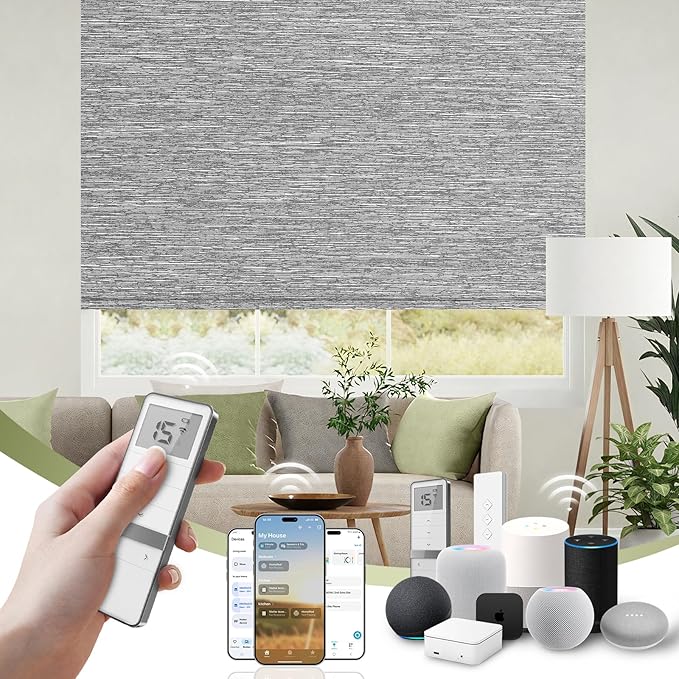 FineTell Motorized Blinds with Remote, 100% Blackout Roller Shades Compatible with Alexa,Apple Homekit,Google Home APP and Voice Control, Customized Electric Blinds (100% Blackout Dreamy Dark Grey)