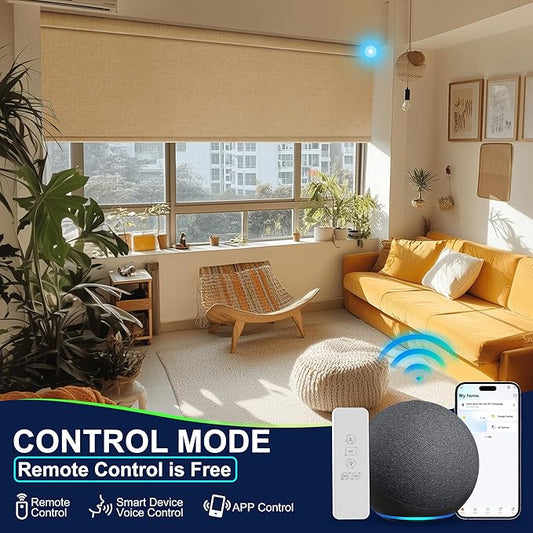 BERISSA Motorized Blinds with Remote,Blackout Smart Blinds for Windows,Linen Fabric,Remote Control,Thermal Insulated Automatic Blinds,Electric Blinds with USB/Solar Pannel.Linen Beige