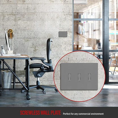 ENERLITES Screwless Triple Toggle Switch Wall Plate, Child Safe Light Switch Cover, Standard Size 3-Gang 4.68" x 6.53", Unbreakable Polycarbonate Thermoplastic, UL Listed, SI8813-GY, Glossy, Gray