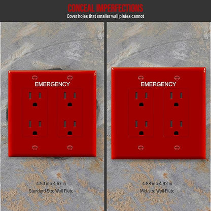 ENERLITES Double Decorator Switch Cover with Emergency Label, Two Gang Outlet Wall Plate, Mid-Size 2-Gang 4.88" x 4.92", Unbreakable Polycarbonate Thermoplastic, UL Listed, 8832M-ER, Red