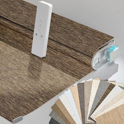 Persilux Smart Motorized Blinds with Remote, No Drill Automatic Roller Shades for Indoor Windows, Light Filtering Linen Fabric, Electric Blinds for Windows, Nature Brown C25-11, Custom Size