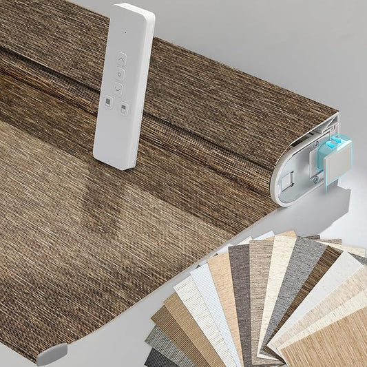 Persilux Smart Motorized Blinds with Remote, No Drill Automatic Roller Shades for Indoor Windows, Light Filtering Linen Fabric, Electric Blinds for Windows, Nature Brown C25-11, Custom Size